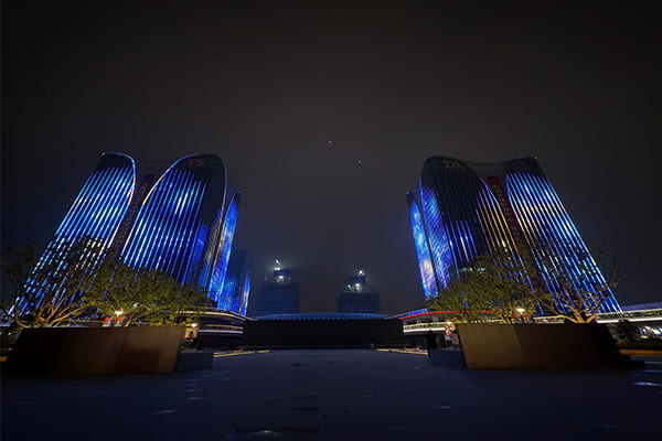 A beautifully lit building facade at night